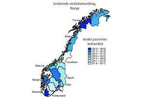 Norgeskart som fylkesvis viser andelen pasienter som harb fått lindrende strålebehandling