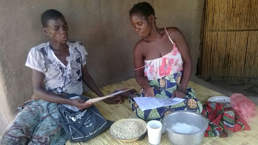 A community volunteer offering nutrition counselling during a home visit in Malawi