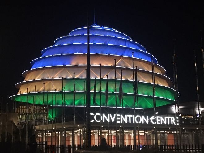 Photo 1. Kigali’s Convention Centre at night. Photo by author.