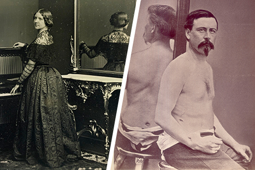 Split image. Left side shows a woman in 19th century dress, with her side to the camera and her back reflecting in a mirror to her side. Right side shows a man sitting in front of a mirror with no shirt on. On the lower right side of his torso a scar is visible.