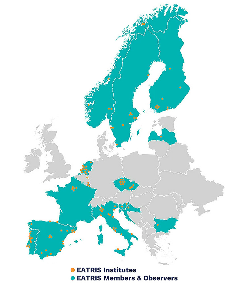 Map of Europe highlighting the different countries and institutions that are part of EATRIS
