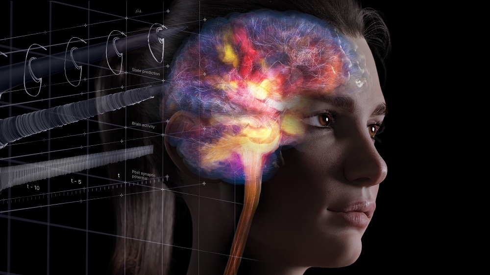 Illustrasjon av kvinne med fargerik energi i hodet
