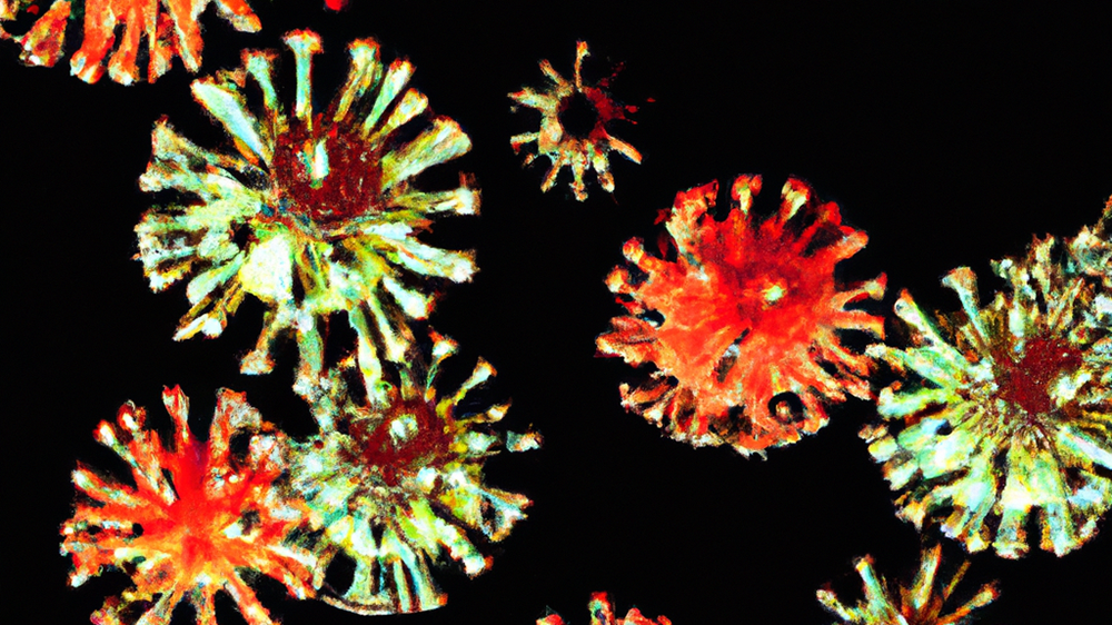 Red and light colored virus particles against a black background